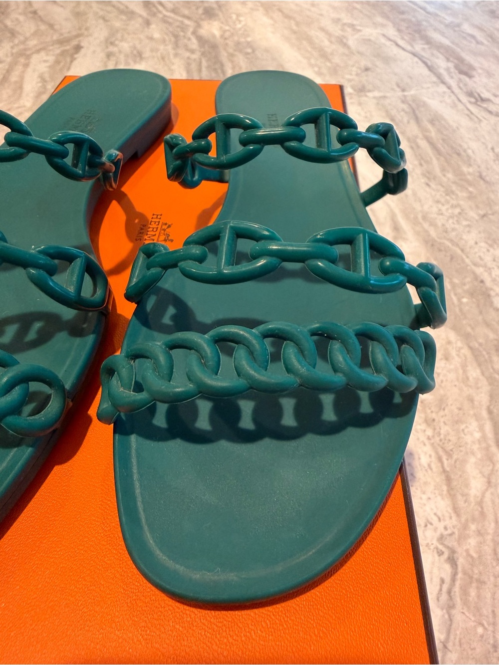 Hermès Rivage Teal Chain Strap Slides 37 - Picture 4 of 11